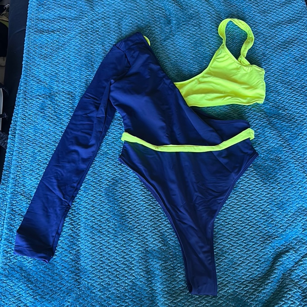Icon Swim Neon Yellow and Blue One-Shoulder Swimsuit